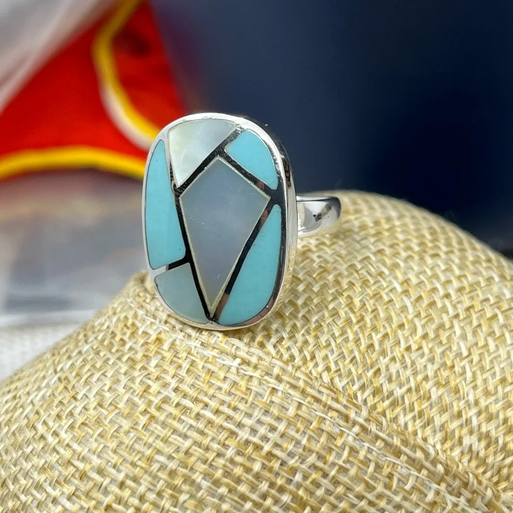 Vintage Thai 925 Sterling Silver Natural Turquoise MOP Inlay Ring Size 6 - Picture 9 of 16